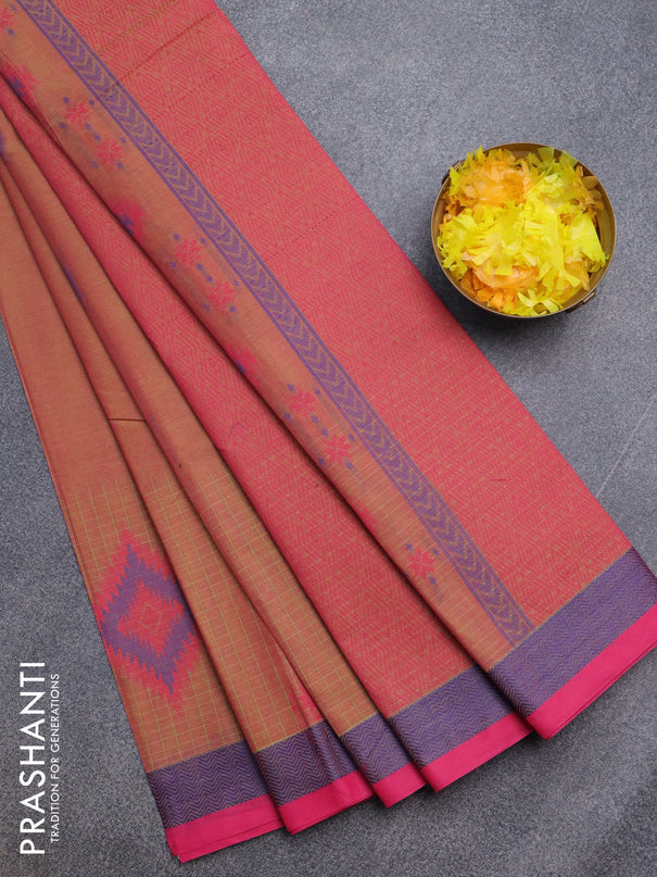 Nithyam cotton saree dual shade of yellowish pink and pink with thread woven buttas and thread woven border