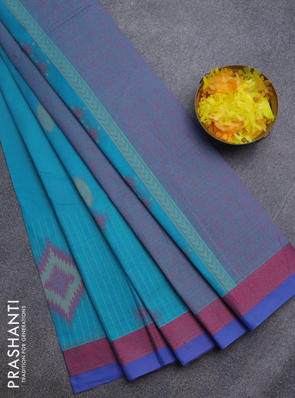 Nithyam cotton saree light blue and blue with thread woven buttas and thread woven border