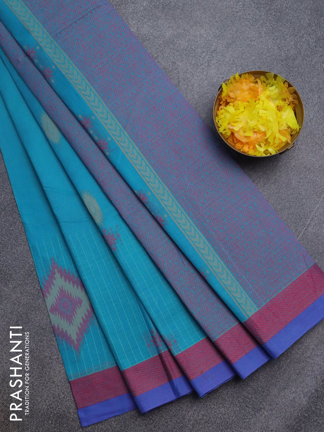 Nithyam cotton saree light blue and blue with thread woven buttas and thread woven border