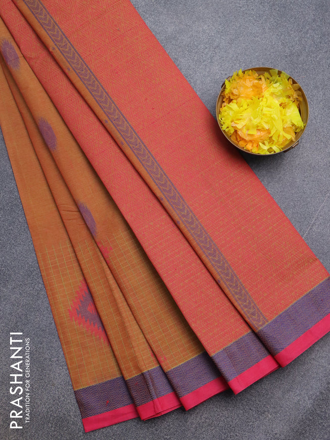 Nithyam cotton saree dual shade of mustard and pink with thread woven buttas and thread woven border