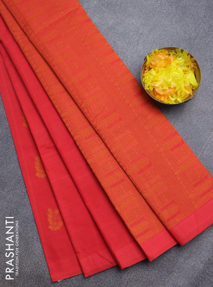 Nithyam cotton saree red with allover thread checks & buttas and simple border