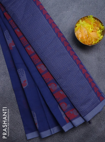 Nithyam cotton saree blue with thread woven buttas and simple border