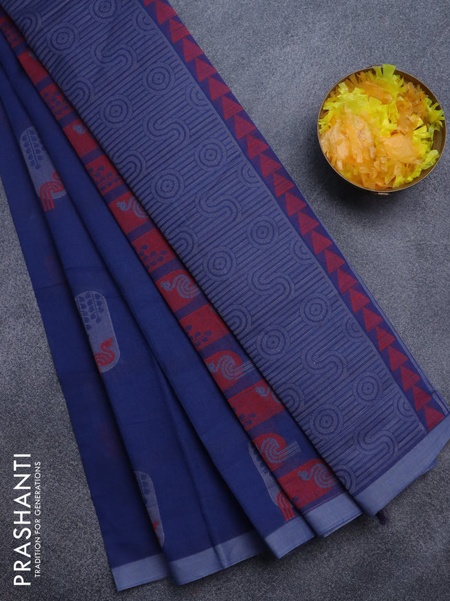 Nithyam cotton saree blue with thread woven buttas and simple border