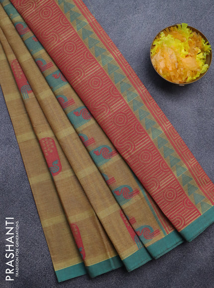 Nithyam cotton saree dual shade of yellowish maroon and teal blue with thread woven buttas and simple border