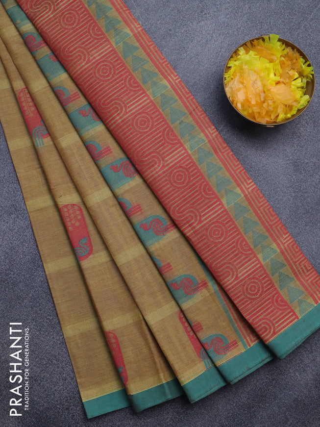 Nithyam cotton saree dual shade of yellowish maroon and teal blue with thread woven buttas and simple border