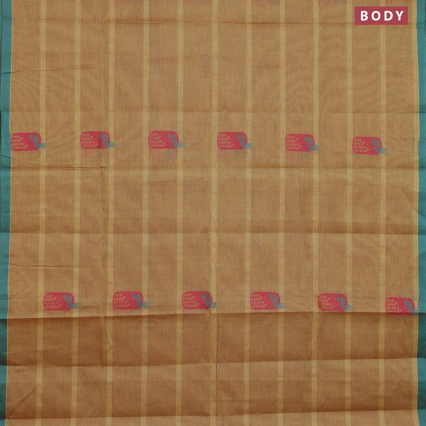 Nithyam cotton saree dual shade of yellowish maroon and teal blue with thread woven buttas and simple border