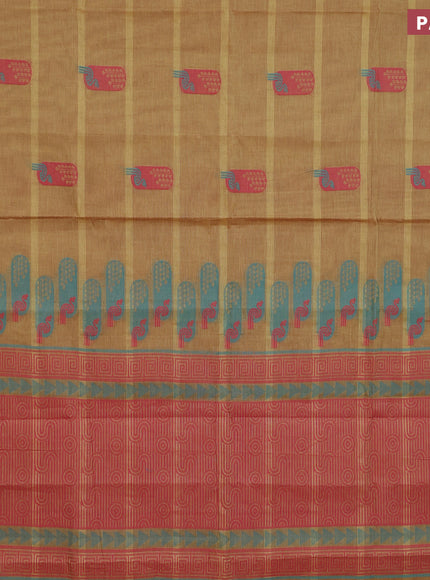 Nithyam cotton saree dual shade of yellowish maroon and teal blue with thread woven buttas and simple border