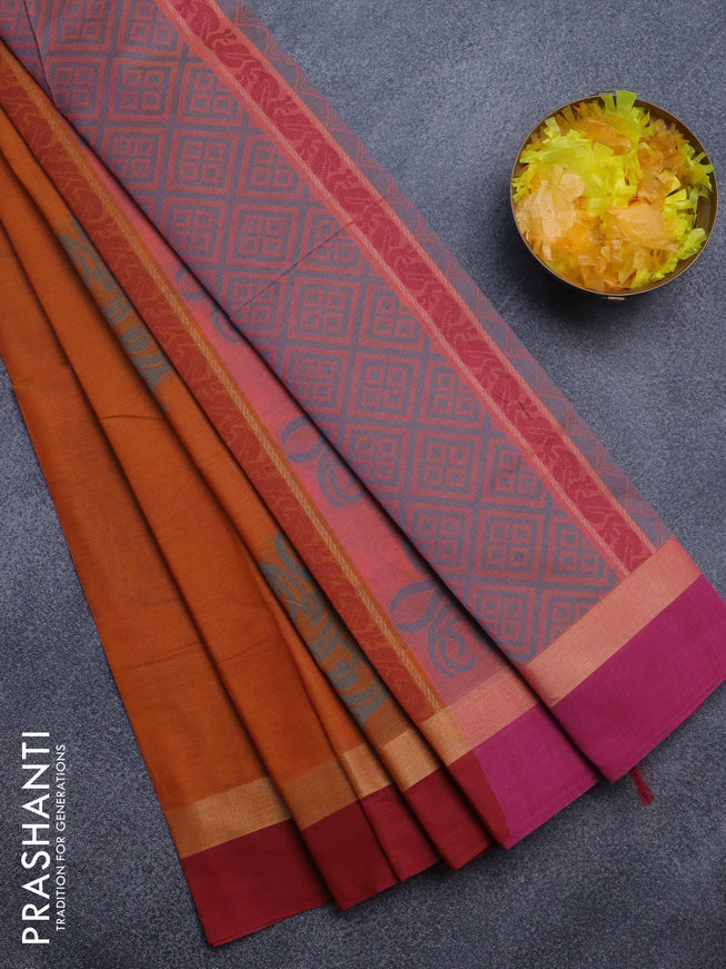 Nithyam cotton saree orange and dual shade pink with thread woven buttas and zari woven simple border