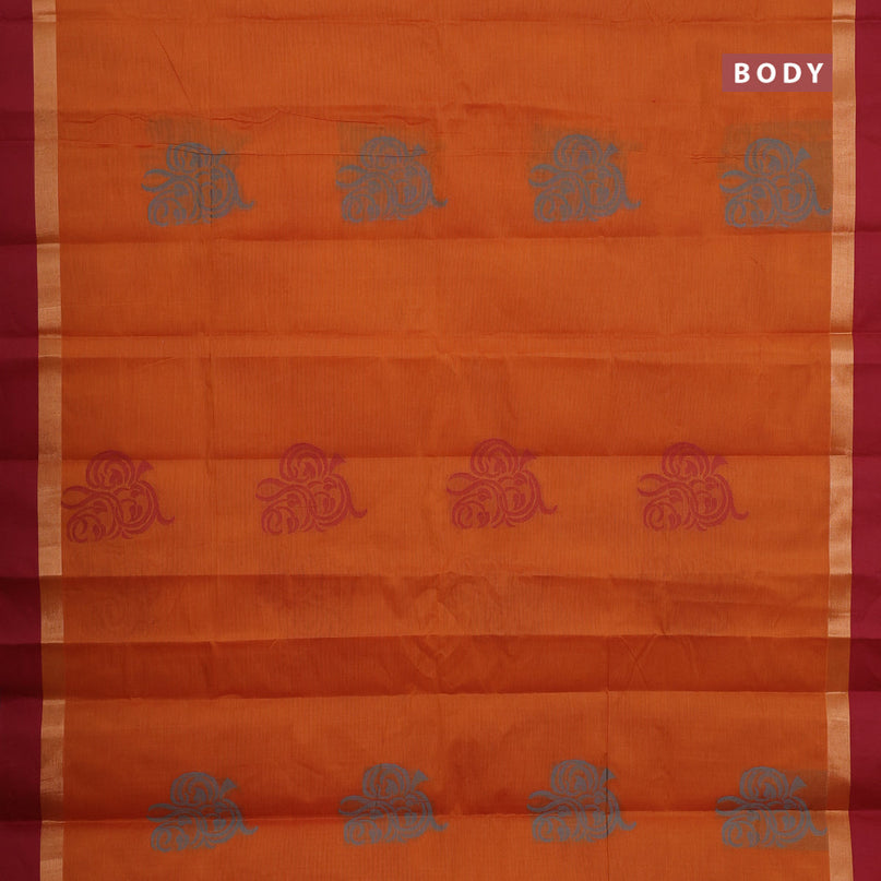 Nithyam cotton saree orange and dual shade pink with thread woven buttas and zari woven simple border