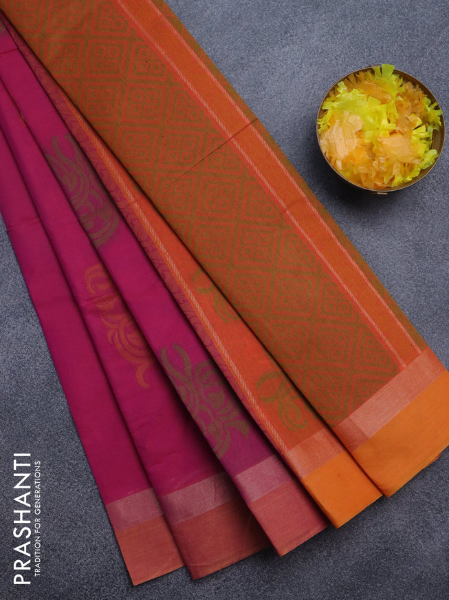 Nithyam cotton saree pink and orange with thread woven buttas and zari woven simple border