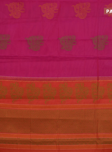 Nithyam cotton saree pink and orange with thread woven buttas and zari woven simple border