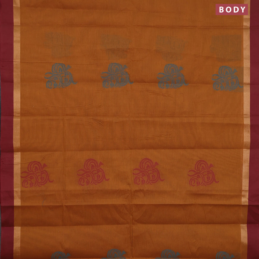 Nithyam cotton saree dark mustard and maroon with thread woven buttas and zari woven simple border