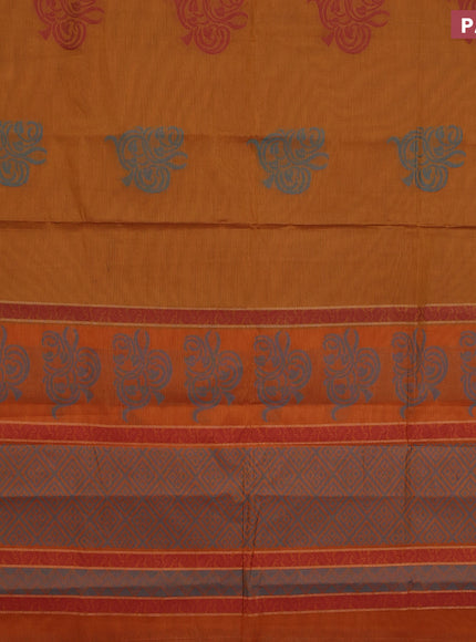 Nithyam cotton saree dark mustard and maroon with thread woven buttas and zari woven simple border