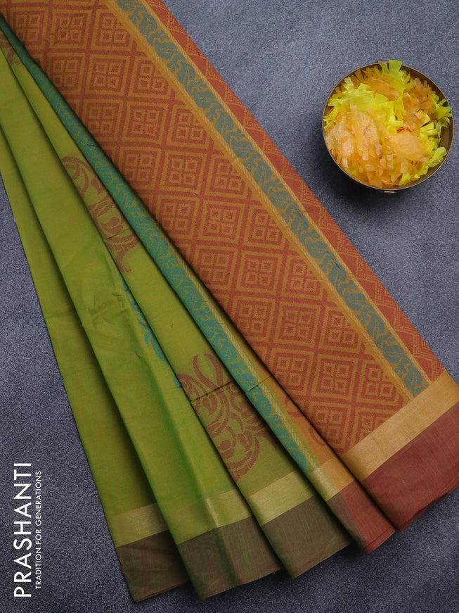 Nithyam cotton saree dual shade greenish yellow and mustard shade with thread woven buttas and zari woven simple border