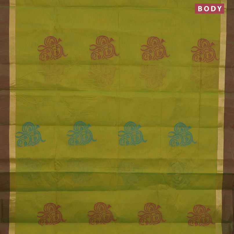 Nithyam cotton saree dual shade greenish yellow and mustard shade with thread woven buttas and zari woven simple border