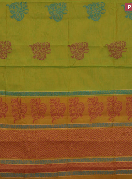 Nithyam cotton saree dual shade greenish yellow and mustard shade with thread woven buttas and zari woven simple border