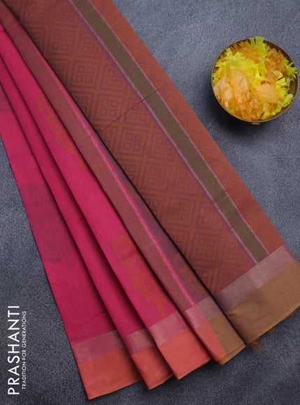 Nithyam cotton saree candy pink and dual shade of yellowish pink with thread woven buttas and zari woven simple border