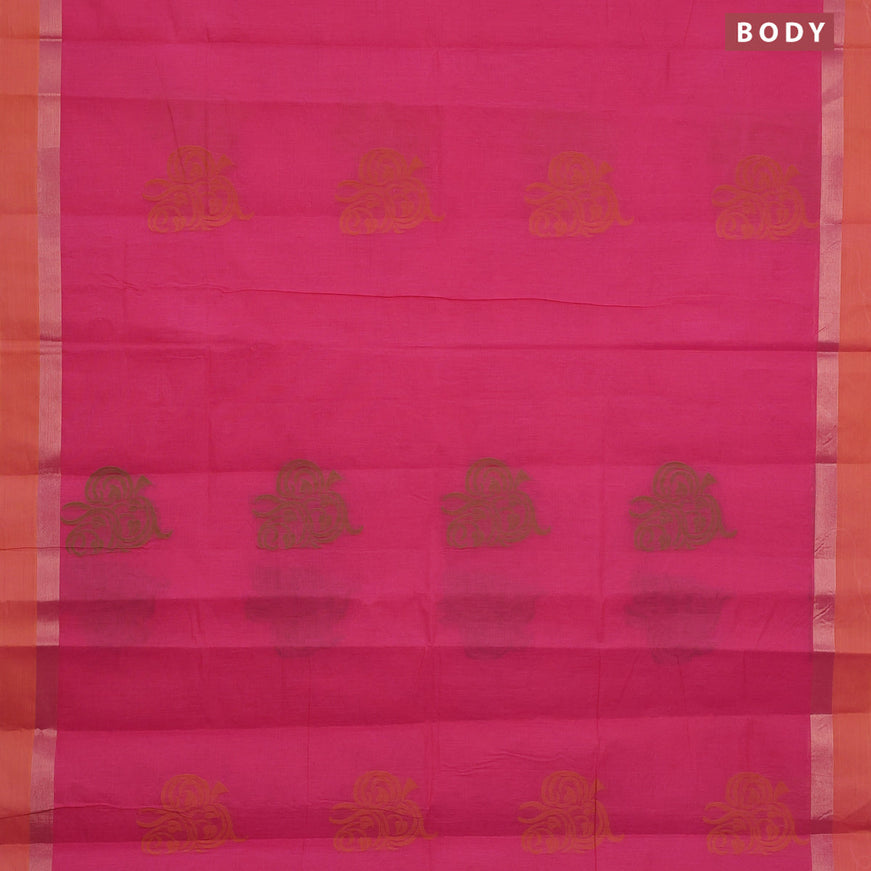 Nithyam cotton saree candy pink and dual shade of yellowish pink with thread woven buttas and zari woven simple border