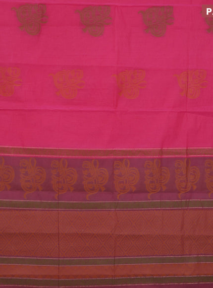 Nithyam cotton saree candy pink and dual shade of yellowish pink with thread woven buttas and zari woven simple border