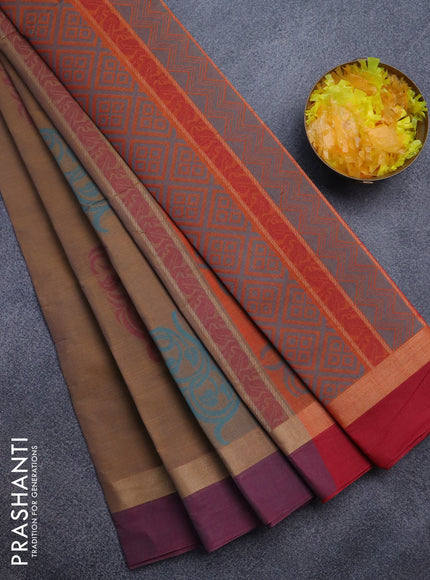 Nithyam cotton saree brown shade and dual shade of maroon with thread woven buttas and zari woven simple border