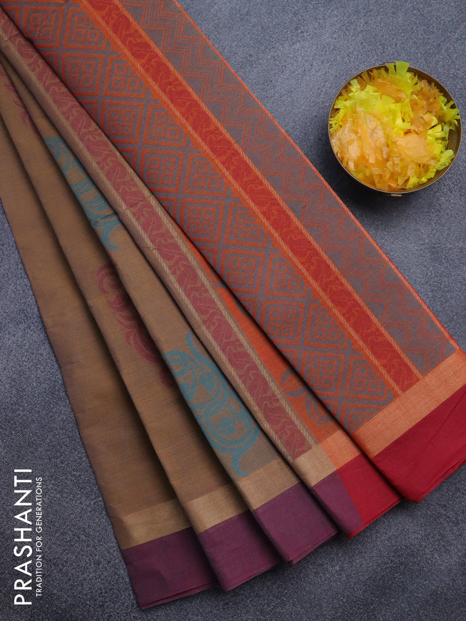 Nithyam cotton saree brown shade and dual shade of maroon with thread woven buttas and zari woven simple border