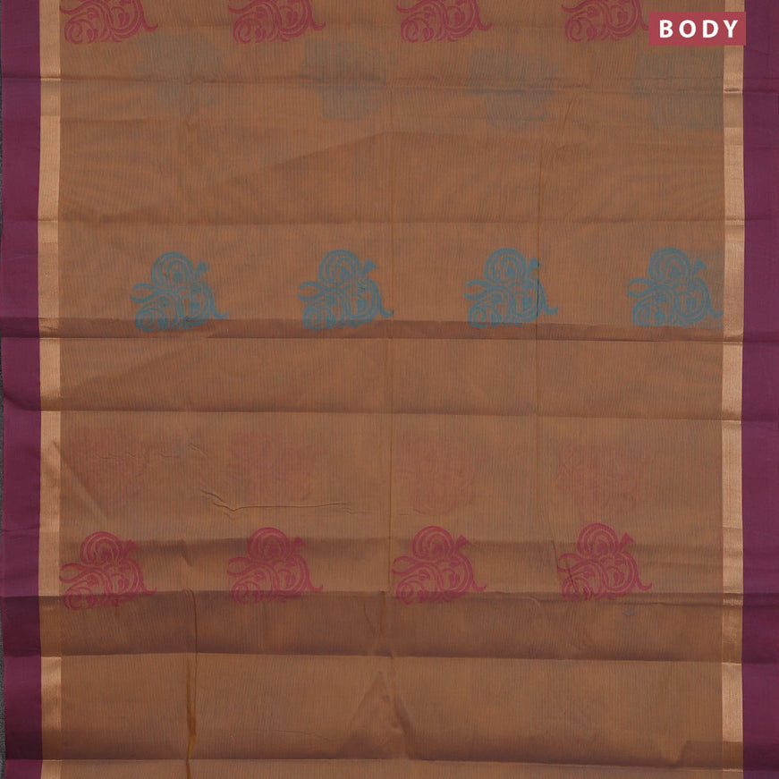 Nithyam cotton saree brown shade and dual shade of maroon with thread woven buttas and zari woven simple border