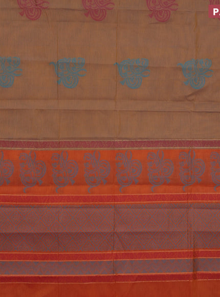 Nithyam cotton saree brown shade and dual shade of maroon with thread woven buttas and zari woven simple border