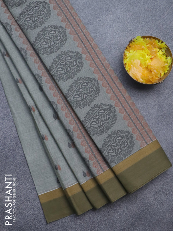 Nithyam cotton saree grey shade and sap green with thread woven buttas and simple border