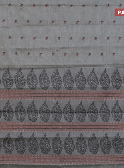 Nithyam cotton saree grey shade and sap green with thread woven buttas and simple border