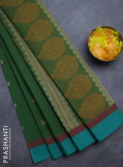 Nithyam cotton saree green and teal green with thread woven buttas and simple border