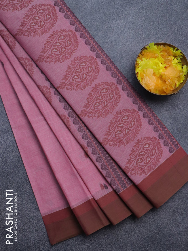 Nithyam cotton saree light pink and brown with thread woven buttas and simple border