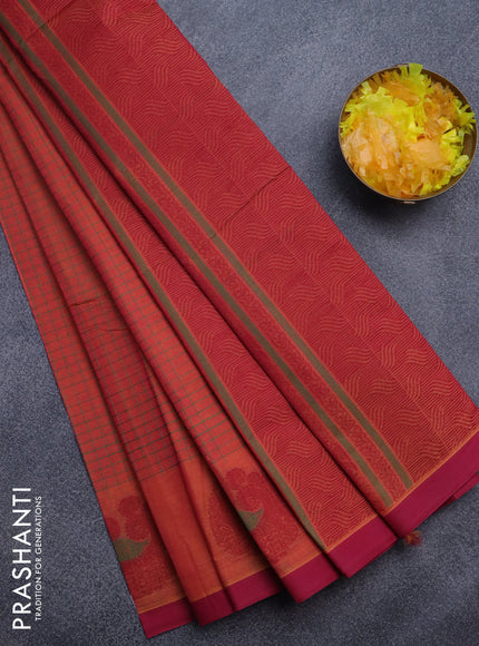 Nithyam cotton saree dual shade od pinkish orange and pink with allover thread checked pattern and thread woven butta border