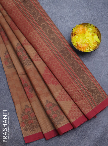 Nithyam cotton saree pastel brown shade and maroon with thread woven buttas and simple border