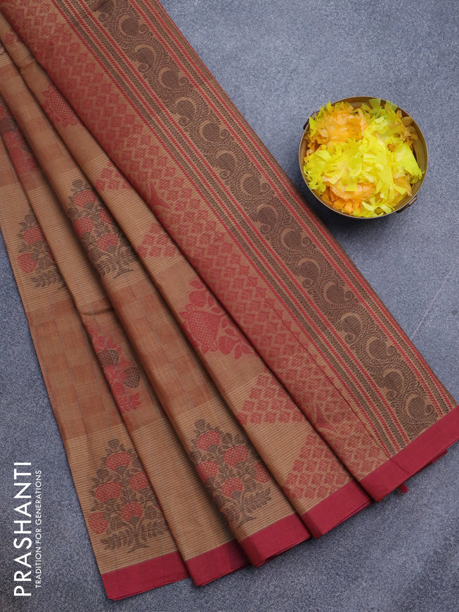 Nithyam cotton saree pastel brown shade and maroon with thread woven buttas and simple border