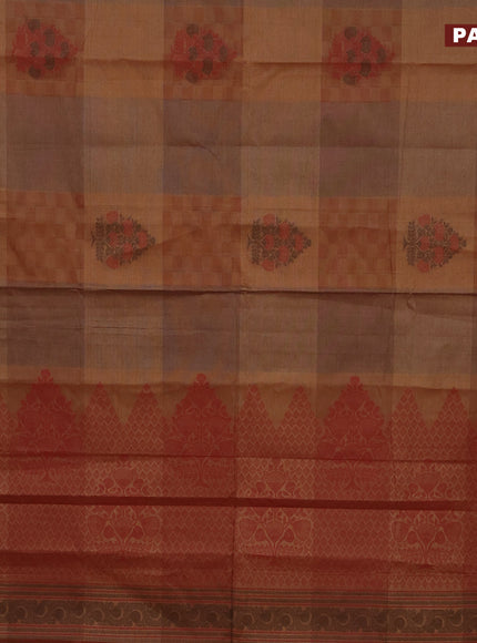 Nithyam cotton saree pastel brown shade and maroon with thread woven buttas and simple border