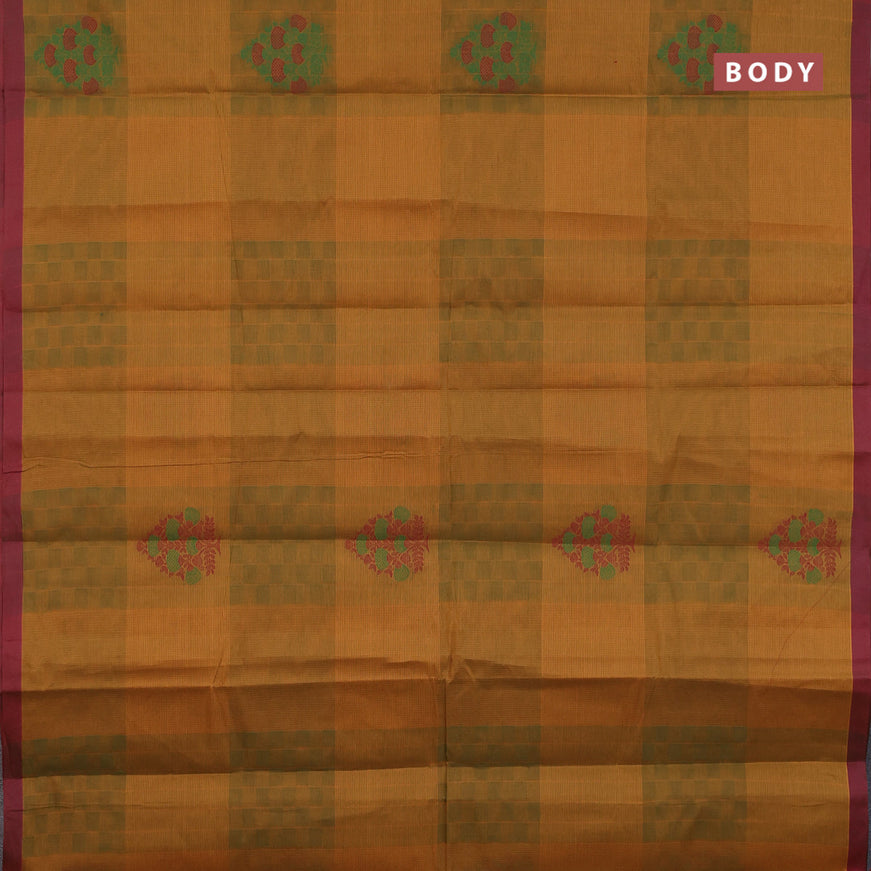 Nithyam cotton saree mustard shade and maroon with thread woven buttas and simple border