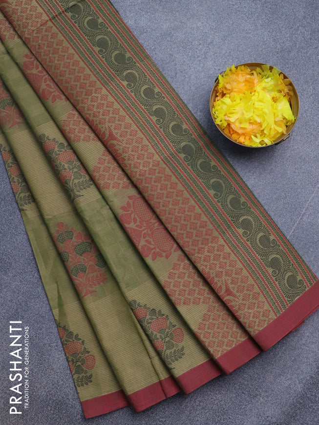 Nithyam cotton saree green shade and maroon with thread woven buttas and simple border