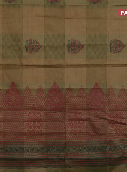 Nithyam cotton saree green shade and maroon with thread woven buttas and simple border