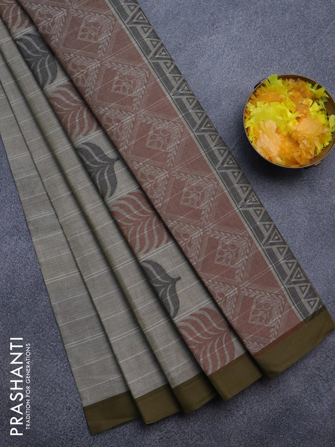 Nithyam cotton saree grey shade and mehendi green with thread woven buttas and simple border