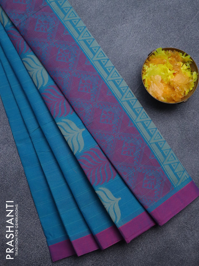 Nithyam cotton saree cs blue and pink with thread woven buttas and simple border