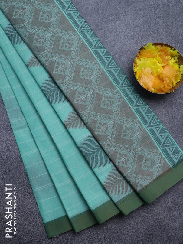 Nithyam cotton saree teal blue shade and dual shade of sap green with thread woven buttas and simple border