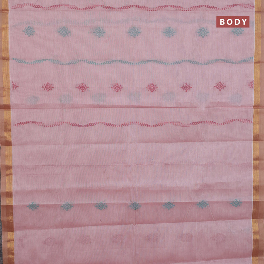 Nithyam cotton saree pastel pink shade and sandal with allover thread weaves & buttas and zari woven simple border