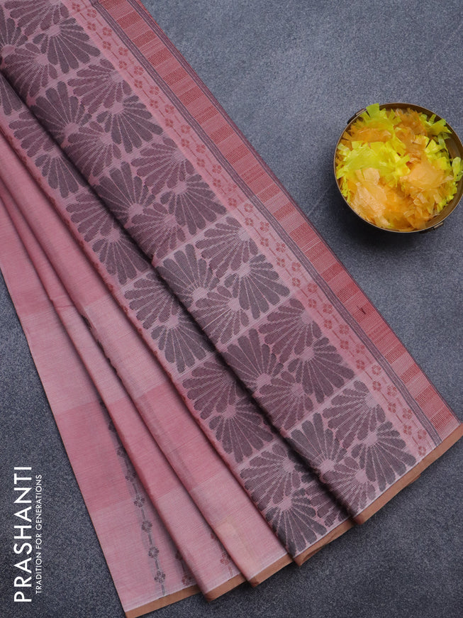 Nithyam cotton saree pastel pink shade and sandal with allover thread weaves & buttas and piping border