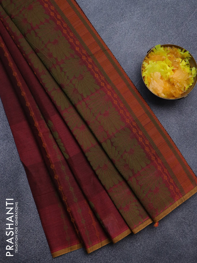 Nithyam cotton saree maroon and mustard yellow with allover thread weaves & buttas and piping border