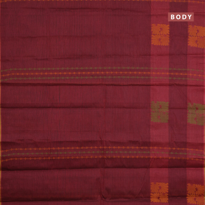 Nithyam cotton saree maroon and mustard yellow with allover thread weaves & buttas and piping border