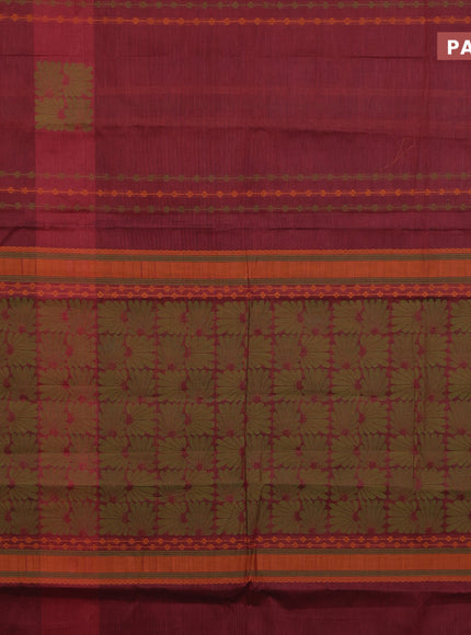 Nithyam cotton saree maroon and mustard yellow with allover thread weaves & buttas and piping border