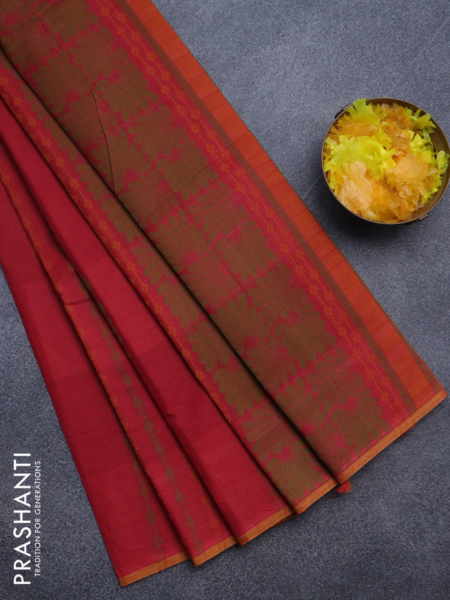 Nithyam cotton saree maroon shade and mustard yellow with allover thread weaves & buttas and piping border