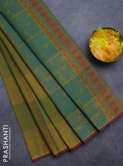 Nithyam cotton saree dual shade of mustard green and maroon with allover thread weaves & buttas and piping border