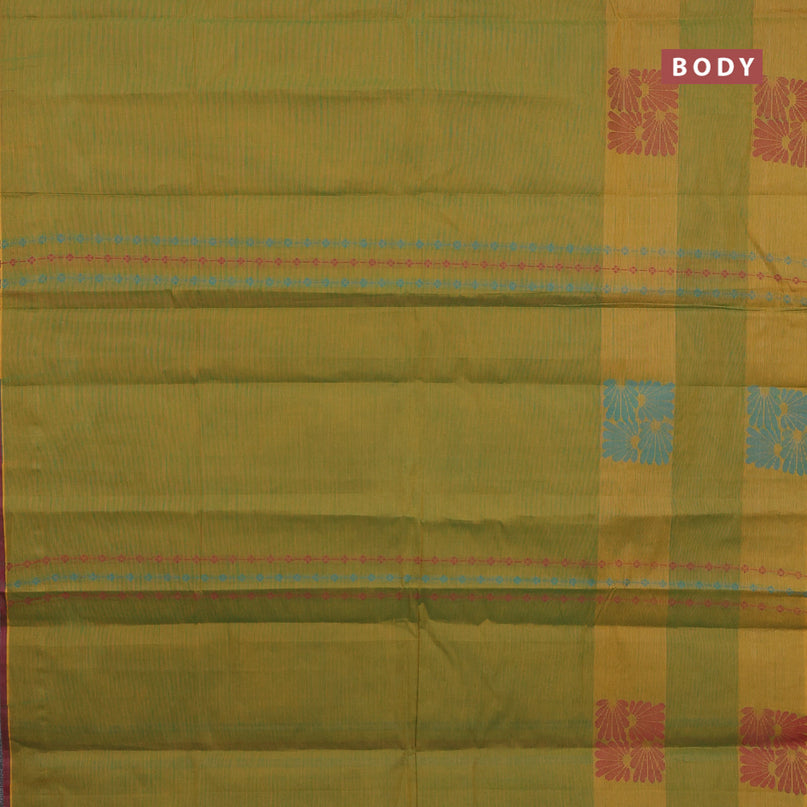 Nithyam cotton saree dual shade of mustard green and maroon with allover thread weaves & buttas and piping border