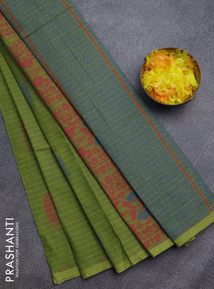 Nithyam cotton saree green with thread woven buttas and simple border